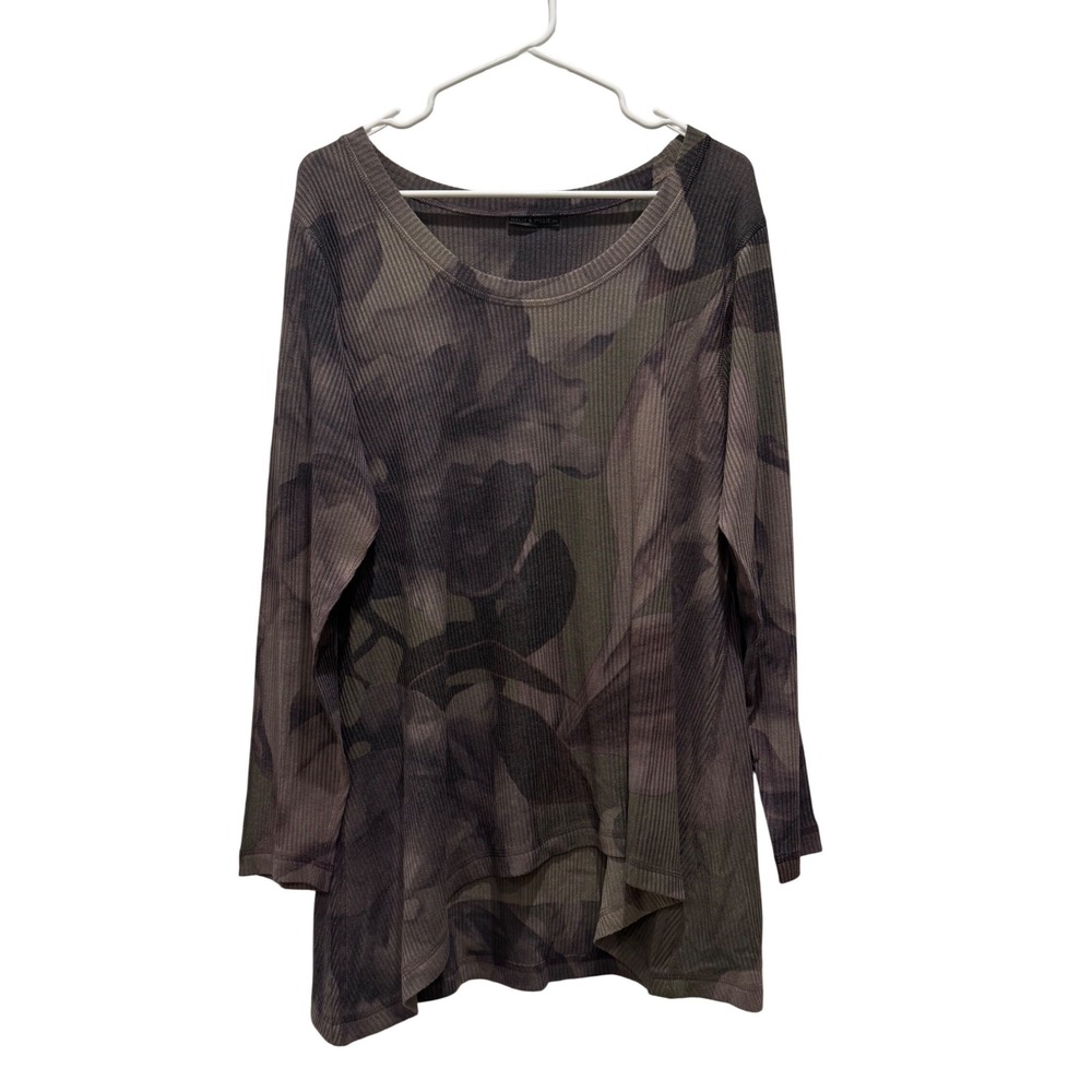 Nally &‎ Millie Women's XL Ribbed Long Sleeve Tunic Top Blouse Gray Green Floral